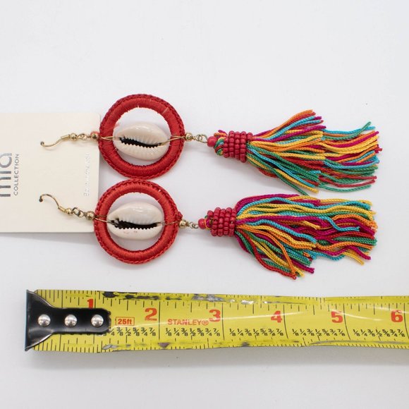 Mia Collection Gold Tone Red Tassel Dangle Fringe Hook Multi-Colored Earrings - Picture 3 of 3